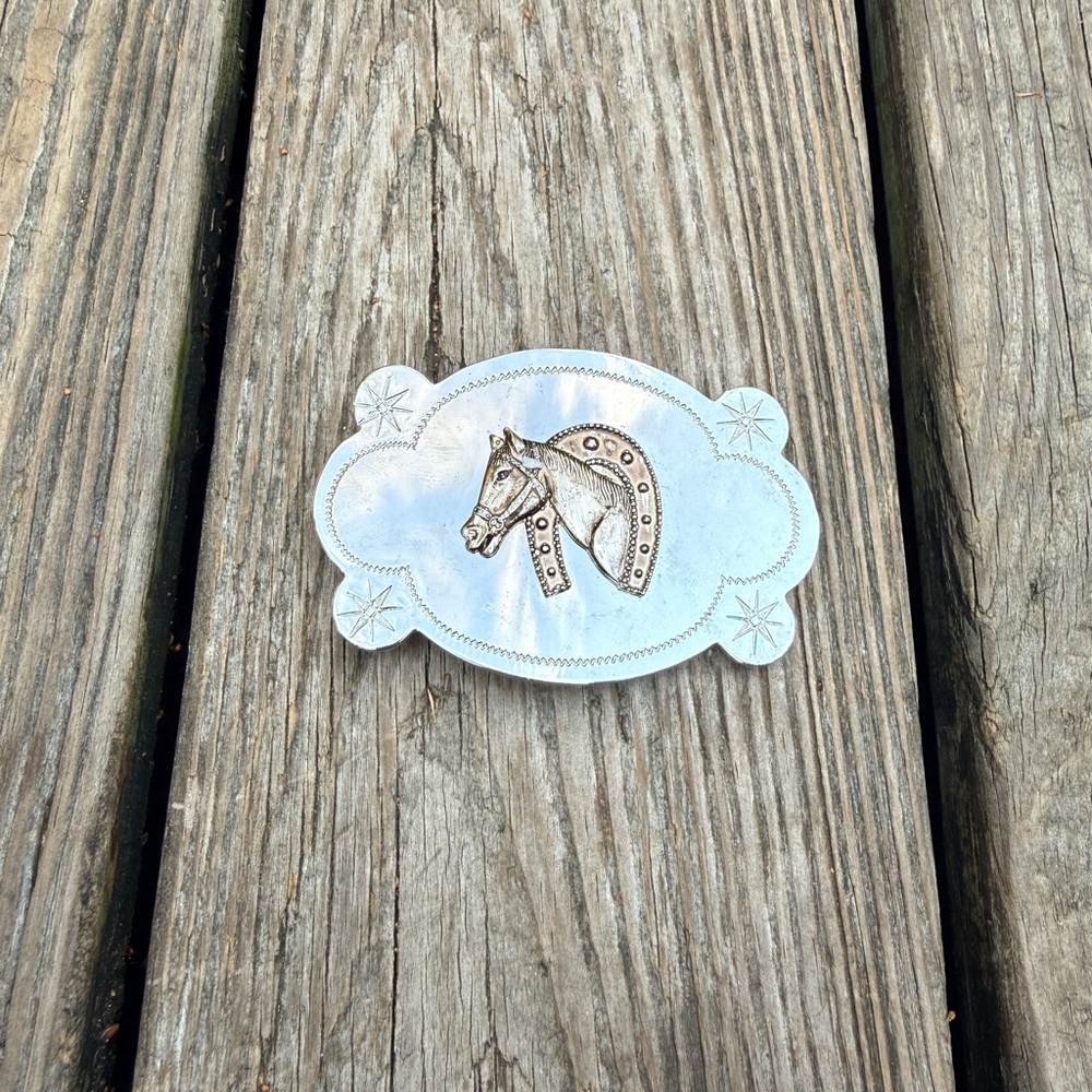 Vintage 70s Western Horse Horseshoe Belt Buckle